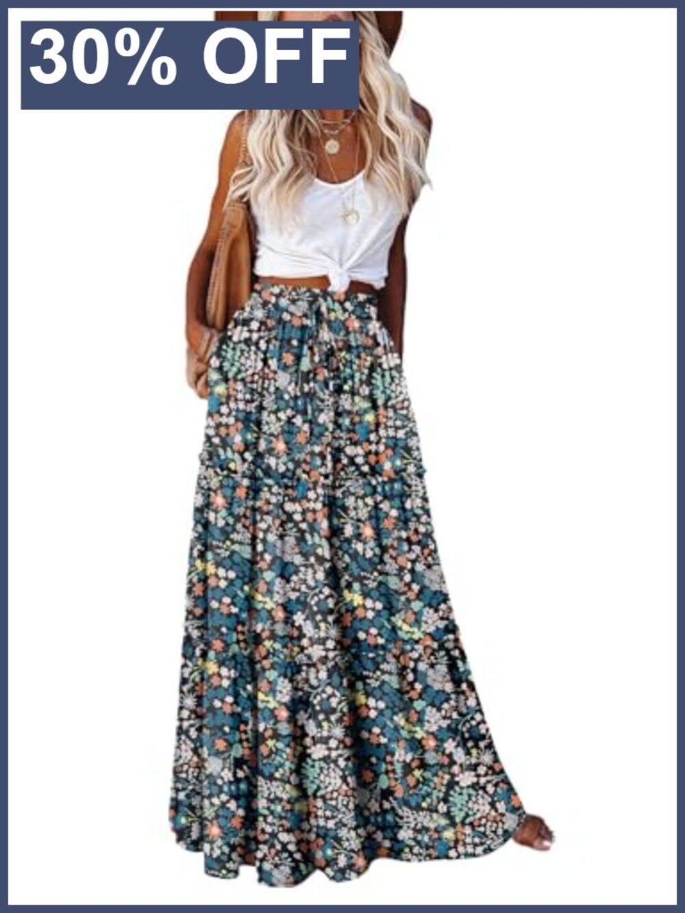 Boho High Waist Tiered Maxi Skirt with Pockets Flowy Festival Vacation